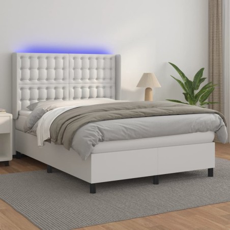 vidaXL Cama box spring colchón y LED cuero sintético blanco 140x200 cm