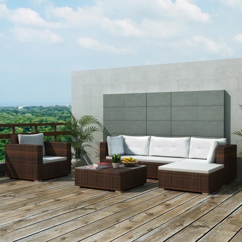 vidaXL Set muebles de jardín 6 piezas y cojines ratán sintético marrón vidaXL Set muebles de jardín 6 piezas y cojines ratán sintético marrón