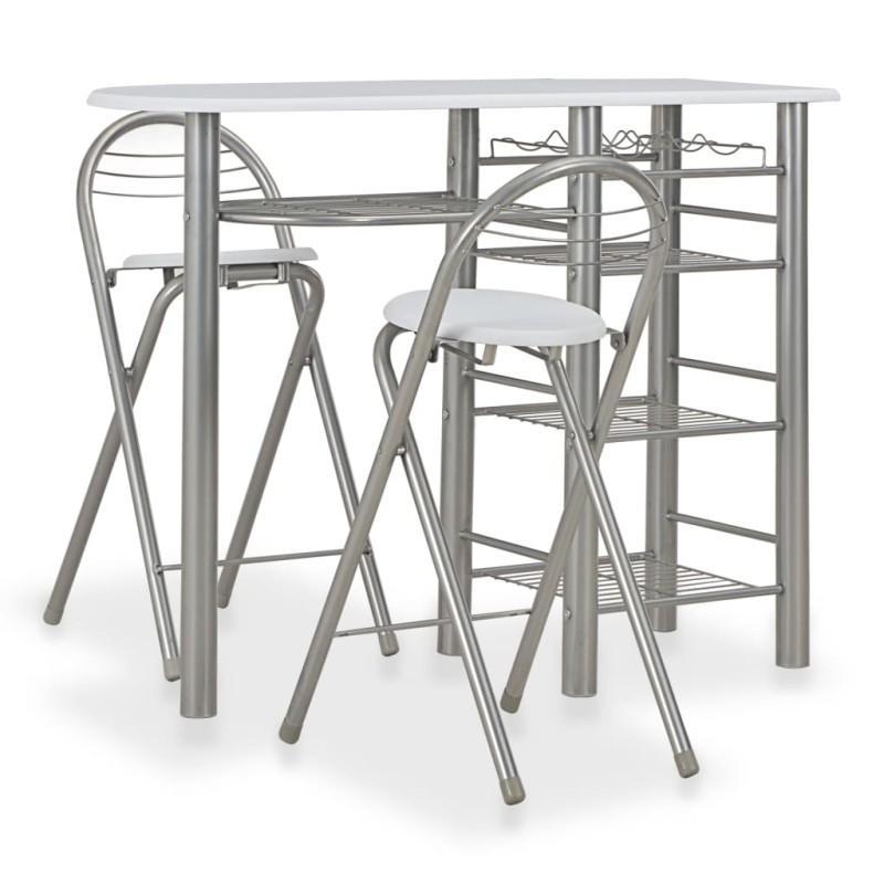 vidaXL Mesa y taburetes de cocina y estantes de madera y acero blanco vidaXL Mesa y taburetes de cocina y estantes de madera y acero blanco