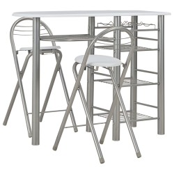 vidaXL Mesa y taburetes de cocina y estantes de madera y acero blanco