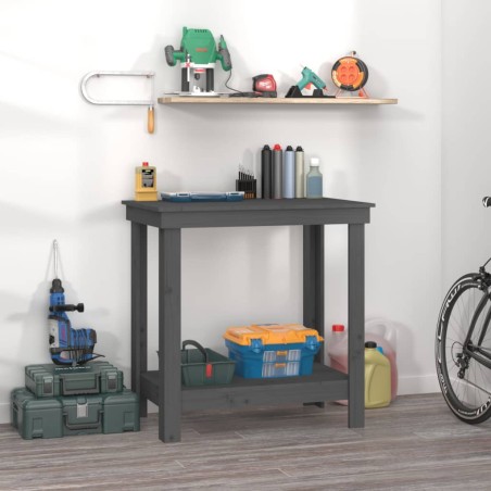 vidaXL Banco de trabajo de madera maciza de pino gris 80x50x80 cm