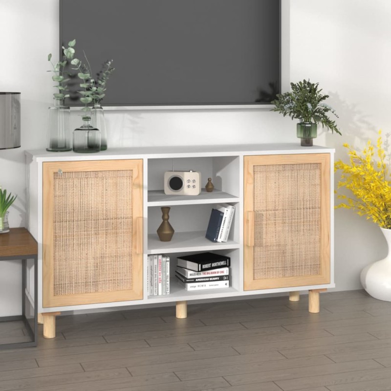 vidaXL Aparador madera maciza pino blanco ratán natural 105x30x60 cm vidaXL Aparador madera maciza pino blanco ratán natural 105x30x60 cm