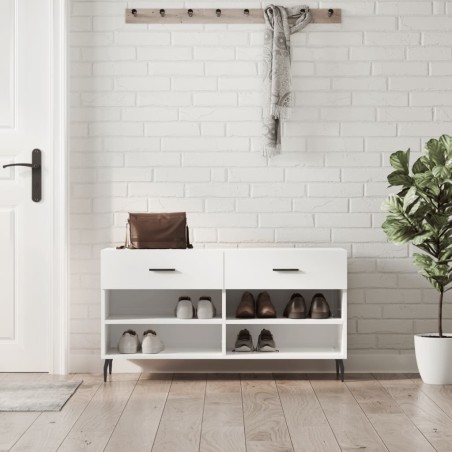 vidaXL Banco zapatero madera de ingeniería blanco brillo 102x35x55 cm