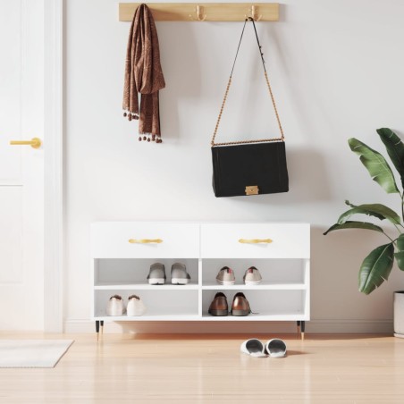 vidaXL Banco zapatero madera de ingeniería blanco brillo 102x35x55 cm