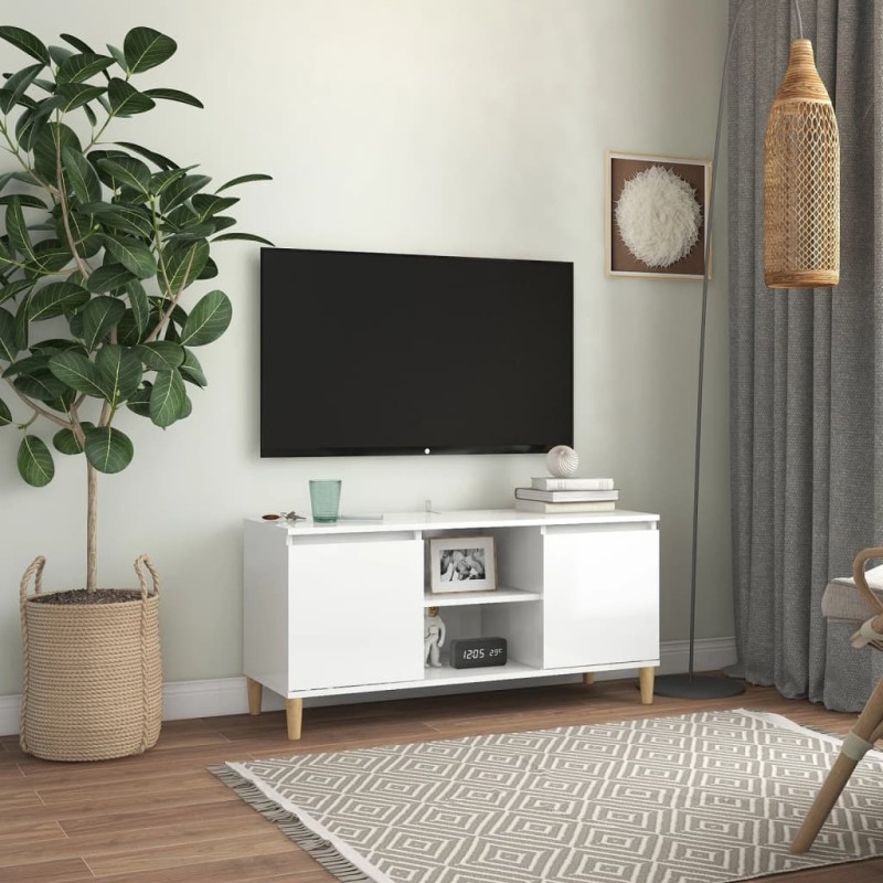 vidaXL Mueble de TV patas madera pino blanco con brillo 103,5x35x50 cm
