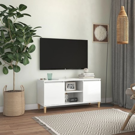 vidaXL Mueble de TV patas madera pino blanco con brillo 103,5x35x50 cm
