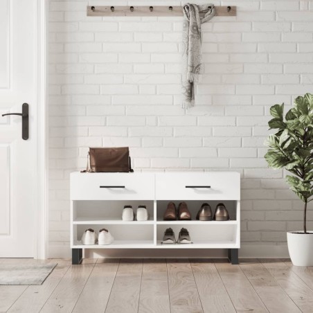 vidaXL Banco zapatero madera de ingeniería blanco brillo 102x35x55 cm