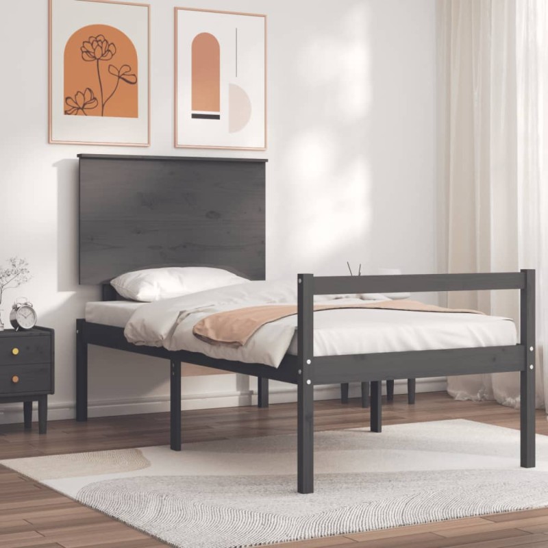 vidaXL Cama personas mayores cabecero madera maciza gris 100x200 cm vidaXL Cama personas mayores cabecero madera maciza gris 100x200 cm