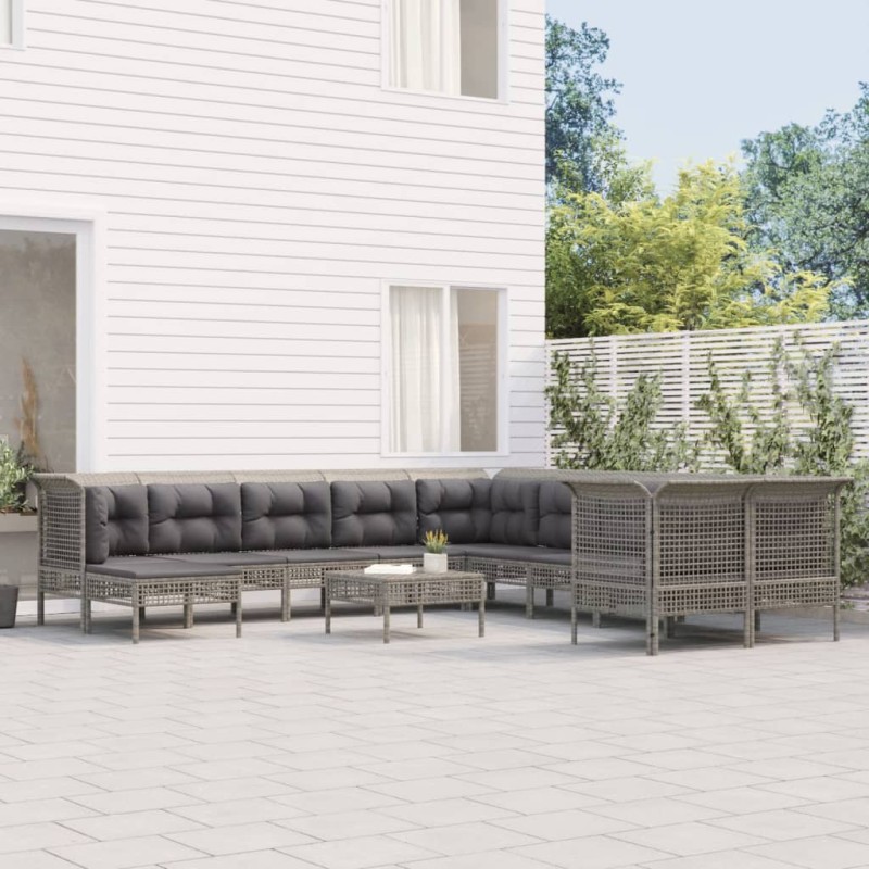 vidaXL Set de muebles de jardín 12 pzas cojines ratán sintético gris