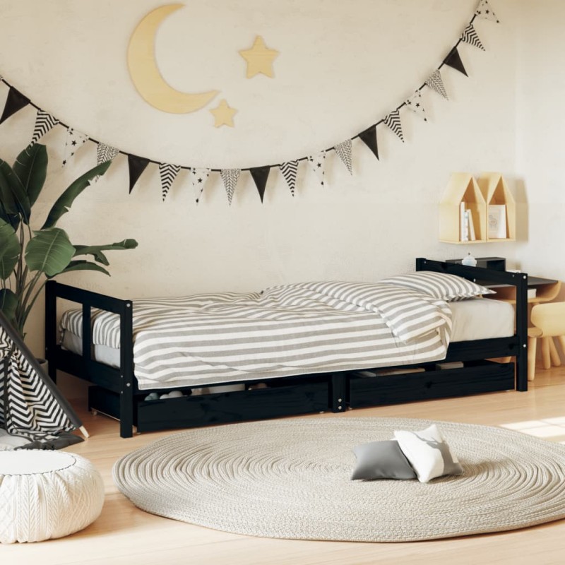 vidaXL Estructura de cama niños con cajones madera pino negro 80x200cm vidaXL Estructura de cama niños con cajones madera pino negro 80x200cm
