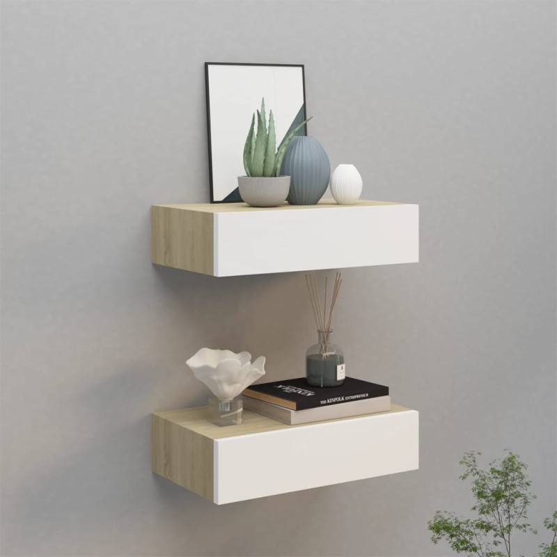 vidaXL Estantes de pared con cajón 2 uds MDF roble/blanco 40x23,5x10cm vidaXL Estantes de pared con cajón 2 uds MDF roble/blanco 40x23,5x10cm