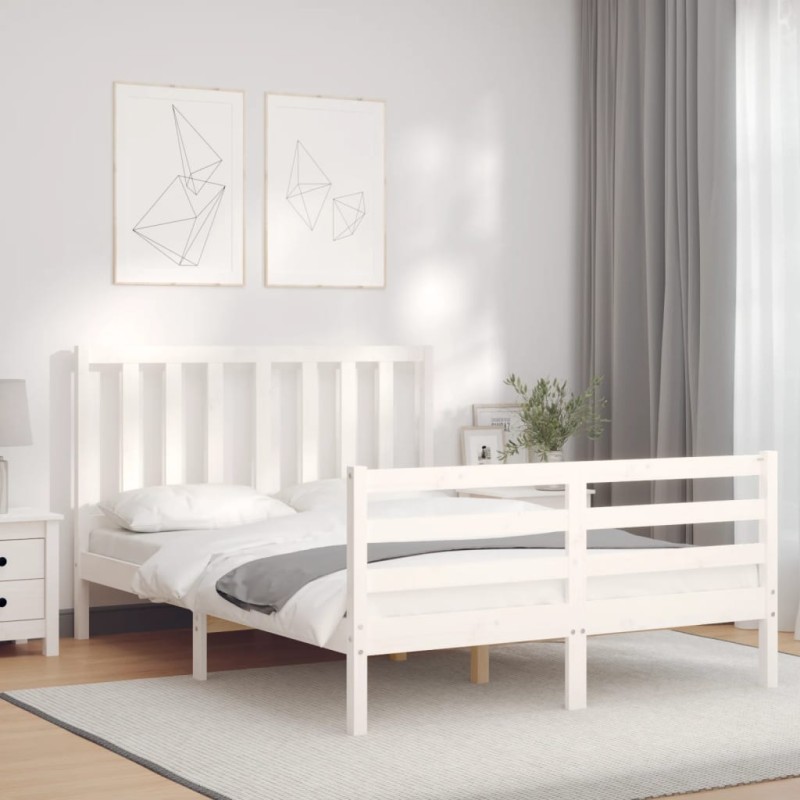 vidaXL Estructura cama de matrimonio con cabecero madera maciza blanco vidaXL Estructura cama de matrimonio con cabecero madera maciza blanco
