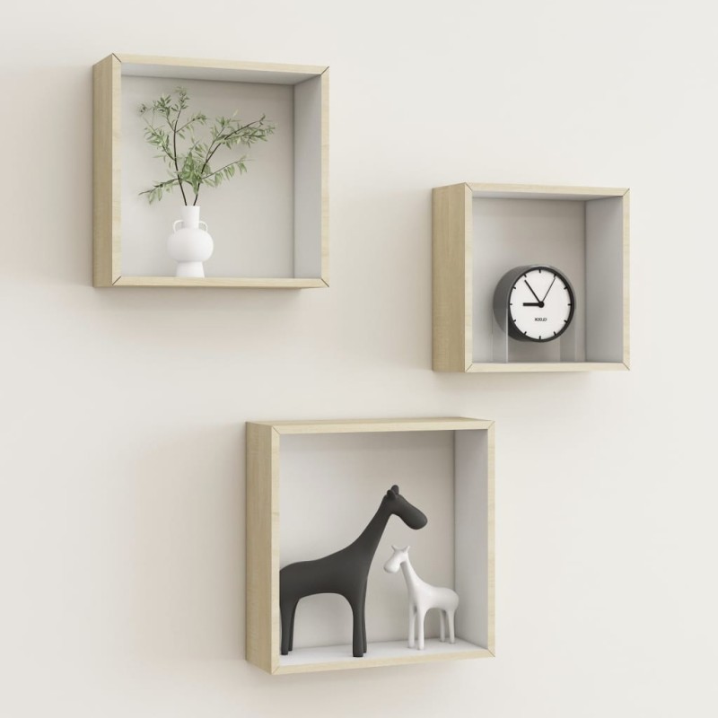 vidaXL Estantes cubo de pared 3 unidades blanco y roble Sonoma vidaXL Estantes cubo de pared 3 unidades blanco y roble Sonoma