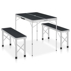 vidaXL Mesa de camping plegable con 2 bancos aluminio gris
