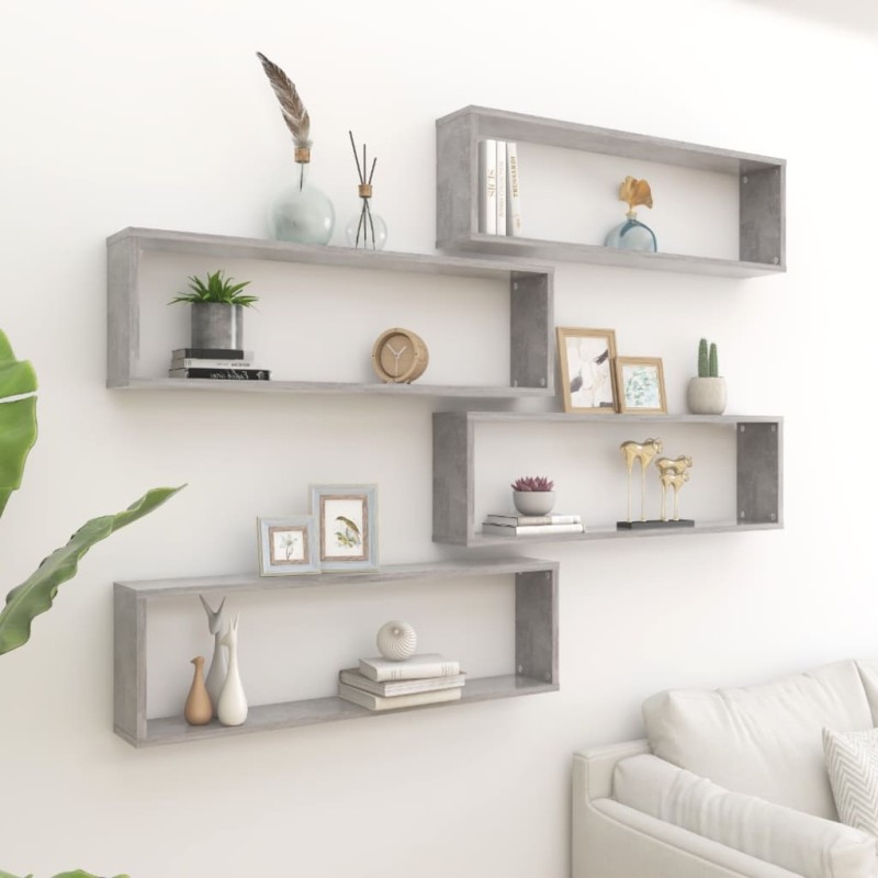 vidaXL Estante cubo pared 4uds contrachapado gris hormigón 100x15x30cm vidaXL Estante cubo pared 4uds contrachapado gris hormigón 100x15x30cm