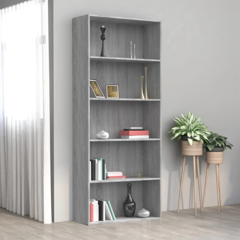 vidaXL Estantería 5 pisos madera contrachapada gris Sonoma 80x30x189cm vidaXL Estantería 5 pisos madera contrachapada gris Sonoma 80x30x189cm