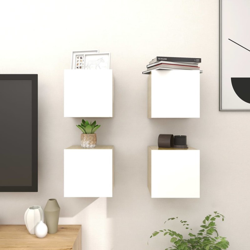 vidaXL Mueble de salón pared 4 uds blanco y roble Sonoma 30,5x30x30 cm