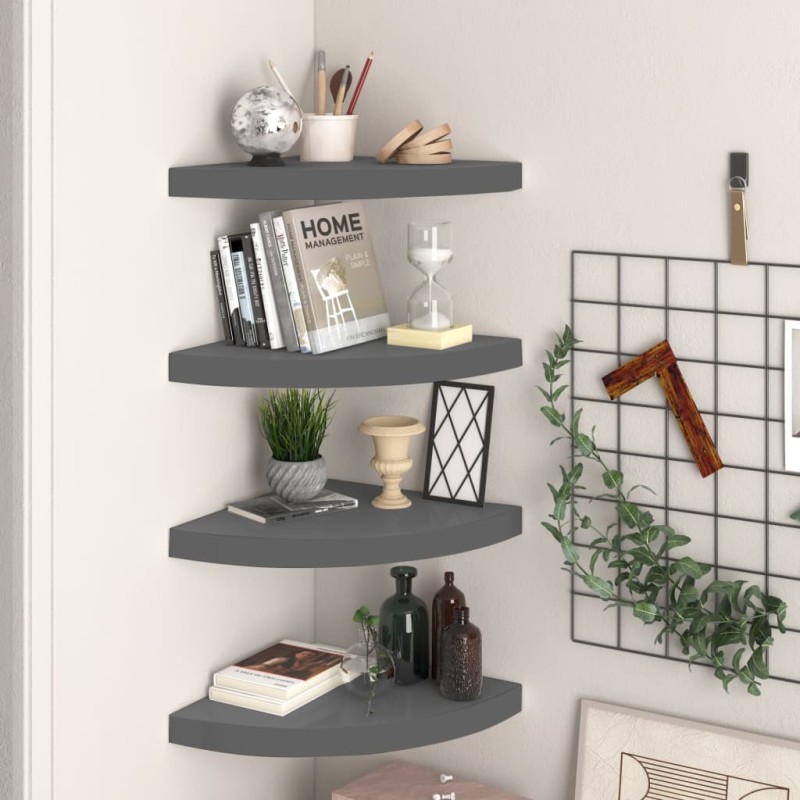 vidaXL Estantes flotantes esquina 4 uds MDF gris brillo 35x35x3,8 cm vidaXL Estantes flotantes esquina 4 uds MDF gris brillo 35x35x3,8 cm