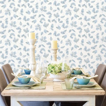 Evergreen Papel pintado Leaves blanco y azul