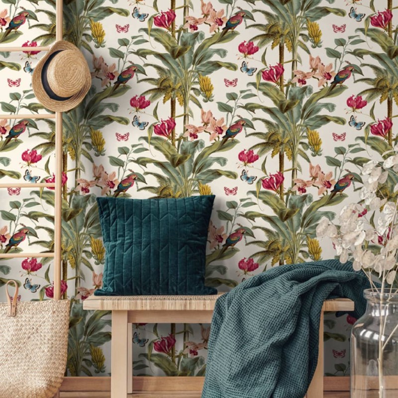 DUTCH WALLCOVERINGS Papel pintado palmeras tropicales verde y rosa DUTCH WALLCOVERINGS Papel pintado palmeras tropicales verde y rosa