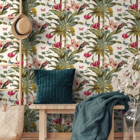 DUTCH WALLCOVERINGS Papel pintado palmeras tropicales verde y rosa
