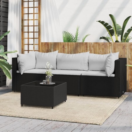 vidaXL Juego de jardín con cojines 4 piezas ratán sintético negro