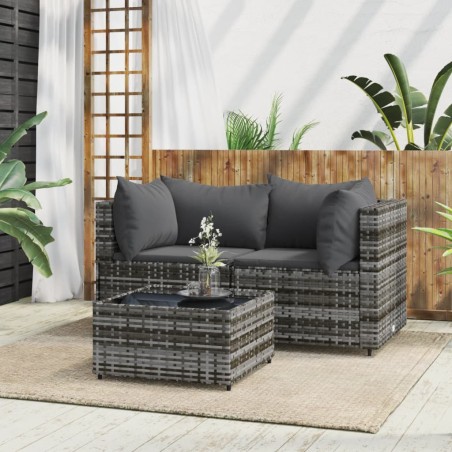 vidaXL Set de muebles de jardín 3 pzas y cojines ratán sintético gris