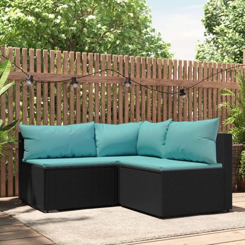 vidaXL Set de muebles de jardín 3 pzas y cojines ratán sintético negro vidaXL Set de muebles de jardín 3 pzas y cojines ratán sintético negro