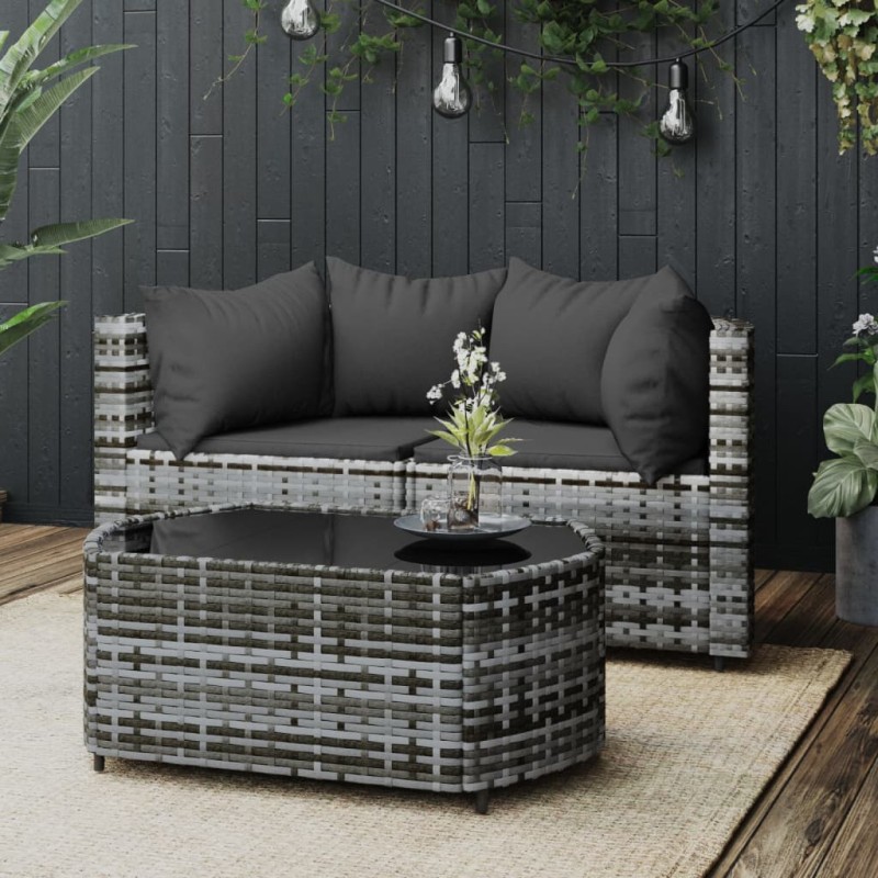 vidaXL Set de muebles de jardín 3 pzas y cojines ratán sintético gris vidaXL Set de muebles de jardín 3 pzas y cojines ratán sintético gris