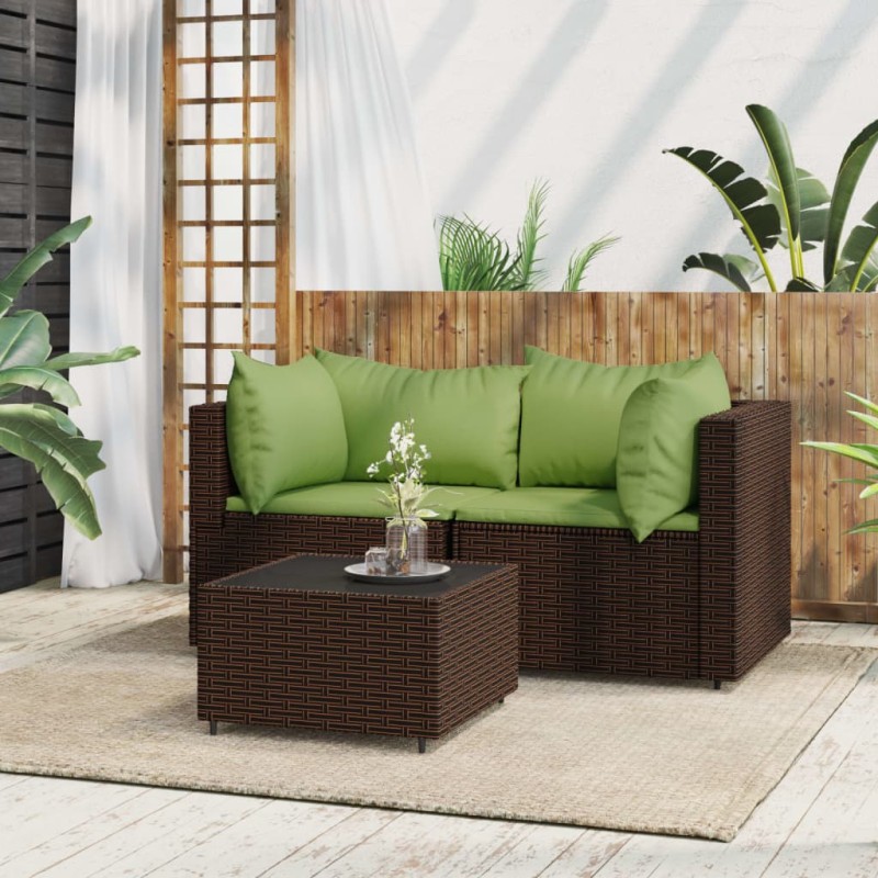 vidaXL Set muebles de jardín 3 piezas y cojines ratán sintético marrón vidaXL Set muebles de jardín 3 piezas y cojines ratán sintético marrón