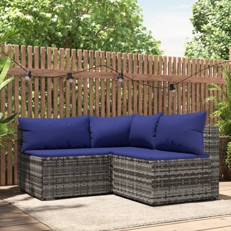 vidaXL Set de muebles de jardín 3 pzas y cojines ratán sintético gris