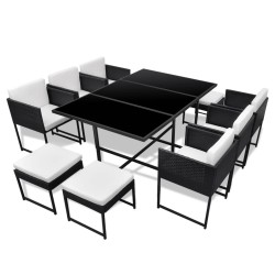 vidaXL Set comedor de jardín 11 piezas y cojines ratán sintético negro