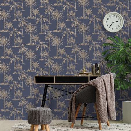 DUTCH WALLCOVERINGS Papel pintado árbol tropical azul marino y plata