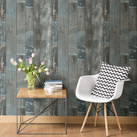 DUTCH WALLCOVERINGS Papel de pared pintado trozos madera gris y azul