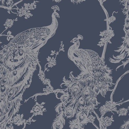 DUTCH WALLCOVERINGS Papel pintado pavo real azul marino y plateado