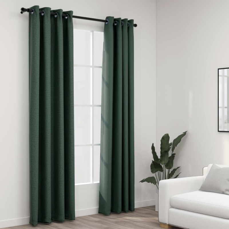 vidaXL Cortinas opacas con ojales look de lino 2 pzas verde 140x245 cm vidaXL Cortinas opacas con ojales look de lino 2 pzas verde 140x245 cm