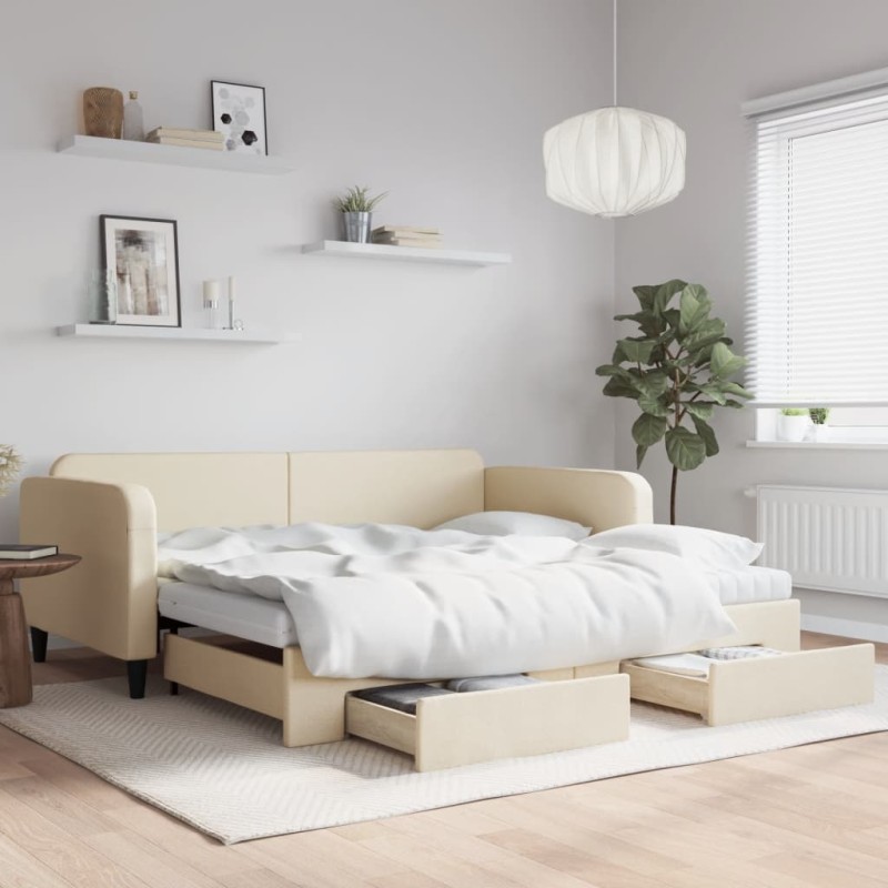 vidaXL Sofá cama nido con cajones tela color crema 100x200 cm vidaXL Sofá cama nido con cajones tela color crema 100x200 cm