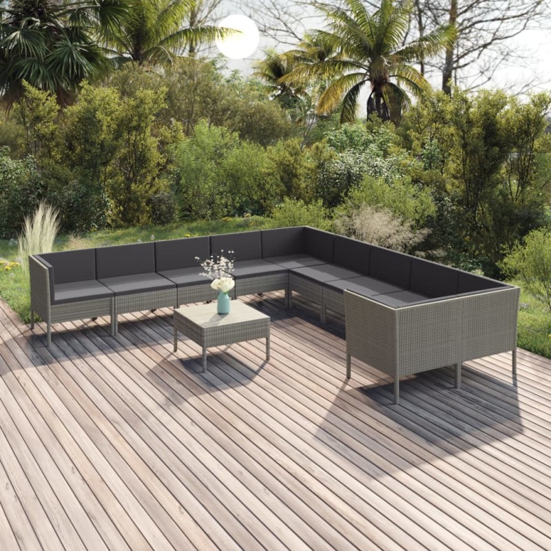 vidaXL Set de muebles de jardín 11 pzas y cojines ratán sintético gris vidaXL Set de muebles de jardín 11 pzas y cojines ratán sintético gris
