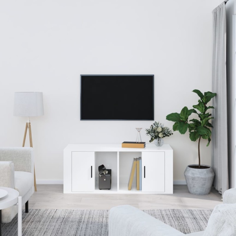 vidaXL Mueble de TV madera contrachapada blanco brillo 100x35x40 cm vidaXL Mueble de TV madera contrachapada blanco brillo 100x35x40 cm