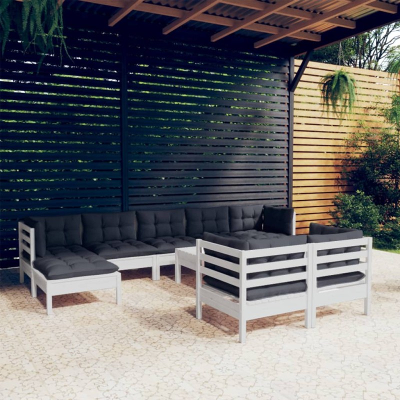 vidaXL Muebles de jardín 10 pzas con cojines blanco madera maciza pino vidaXL Muebles de jardín 10 pzas con cojines blanco madera maciza pino