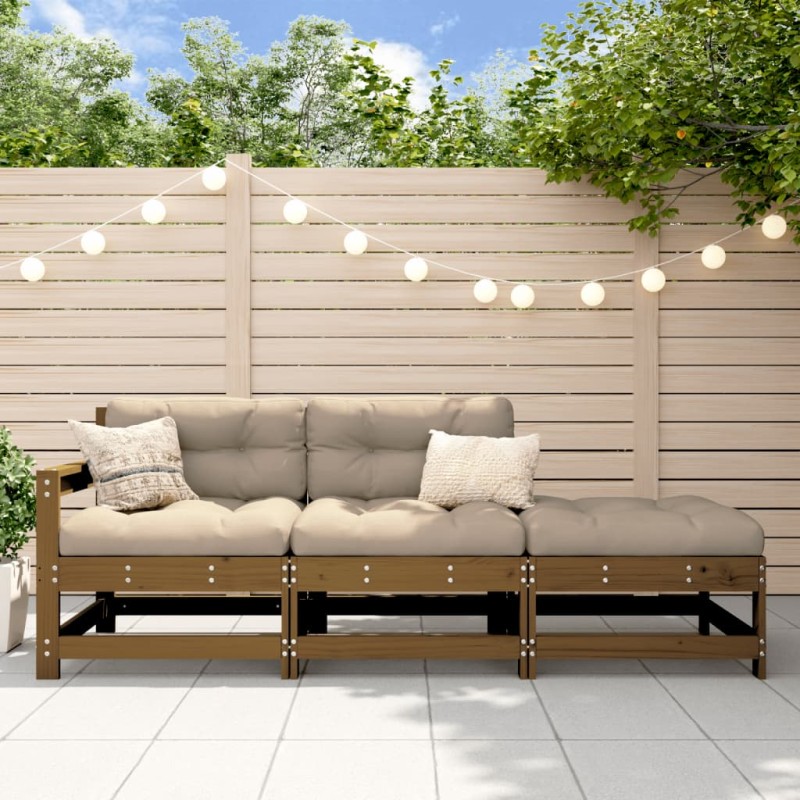 vidaXL Juego de sofás de jardín 3 pzas con cojines madera marrón miel vidaXL Juego de sofás de jardín 3 pzas con cojines madera marrón miel