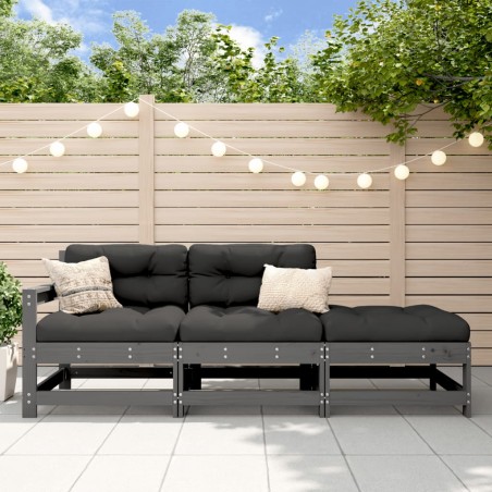 vidaXL Juego de sofás de jardín 3 pzas con cojines madera maciza gris