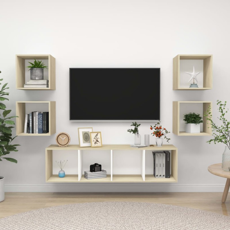 vidaXL Muebles de salón 5 pzas madera ingeniería blanco y roble Sonoma