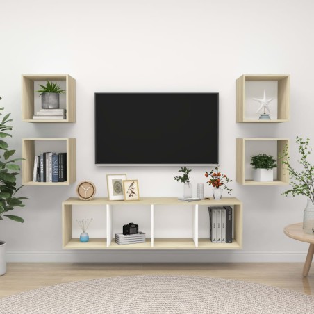 vidaXL Muebles de salón 5 pzas madera ingeniería blanco y roble Sonoma