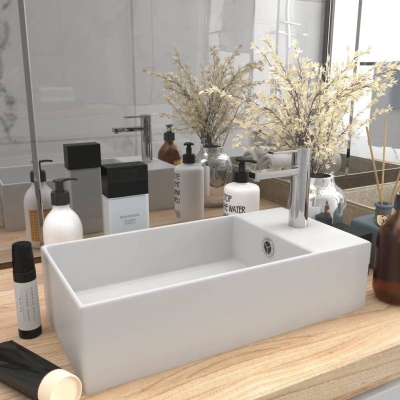 vidaXL Lavabo con rebosadero cerámica blanco mate vidaXL Lavabo con rebosadero cerámica blanco mate