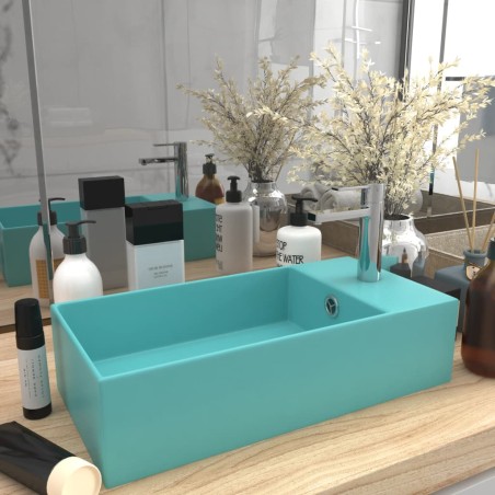 vidaXL Lavabo con rebosadero cerámica verde claro