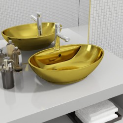 vidaXL Lavabo con rebosadero 58,5x39x21 cm cerámica dorado
