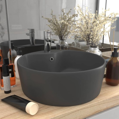 vidaXL Lavabo lujoso con rebosadero cerámica gris oscuro mate 36x13 cm
