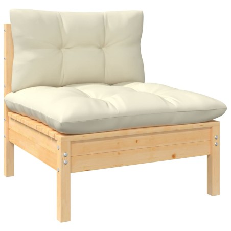 vidaXL Sofá central de jardín y cojines madera madera pino crema