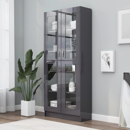 vidaXL Vitrina de madera contrachapada gris brillo 82,5x30,5x185,5 cm